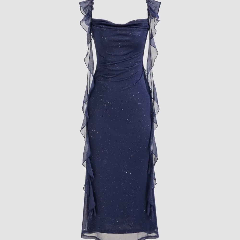 CIDER COWL NECK SOLID GLITTER RUFFLE HEM MAXI DRESS